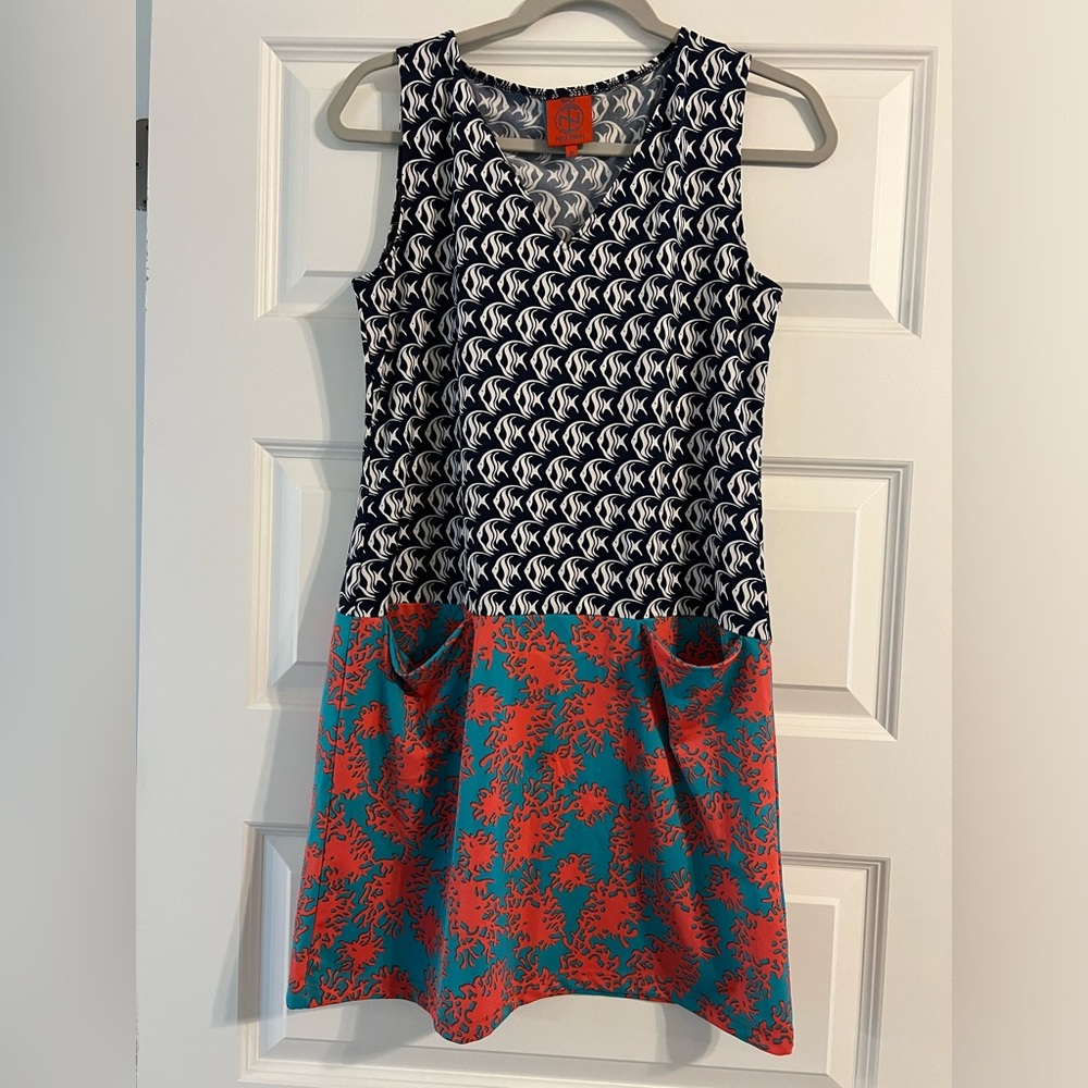 Tracy Negoshian Navy and Coral Patterned Dress